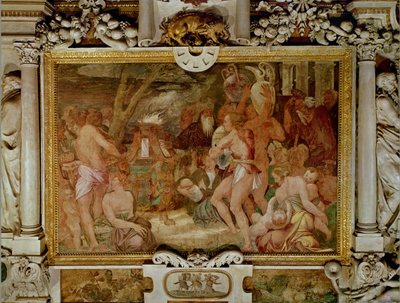 Die Catanaeanischen Zwillinge, Anapias und Amphinamus am Opferaltar, Detail des Dekorationsschemas in der Galerie von Franz I. (1494-1547) 1535-40 von Giovanni Battista Rosso Fiorentino